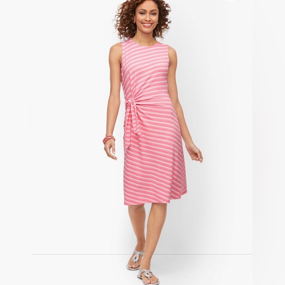 Talbots Pink White Striped Knit Tie-Waist Dress Size L